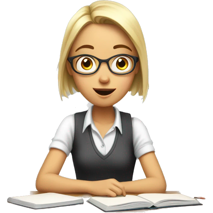 White Smart girl doing Homework on a desk with surprised face emoji