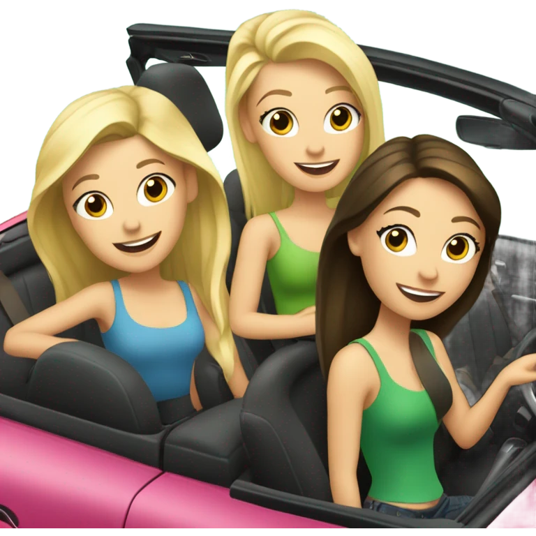 Two Caucasian blonde girls and two Caucasian brunette girls driving a green volkswagen convertible emoji