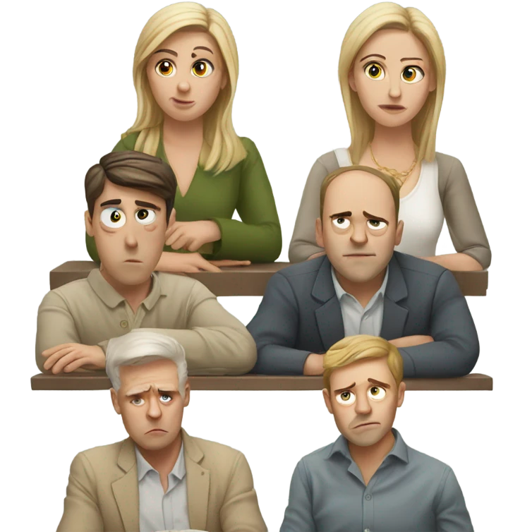 6 Caucasian people sitting around a table looking unhappy emoji
