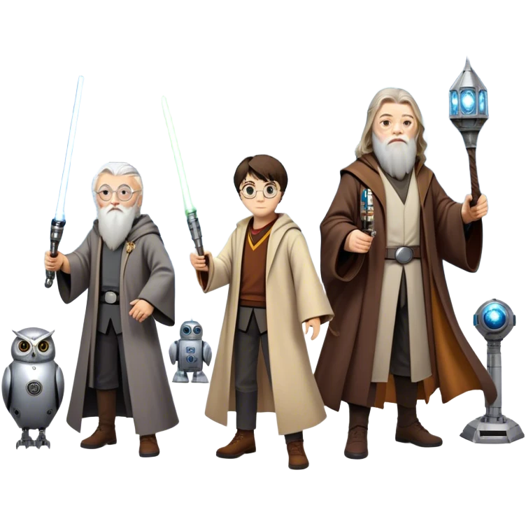 Icon for Fantasy and Sci-Fi Movies: Collage featuring Harry Potter with his wand, Dumbledore, Luke Skywalker with a lightsaber, and futuristic robots. Background with a magical planet, Hogwarts, flying owls, and spaceships. Epic and magical atmosphere. Transparent background. emoji
