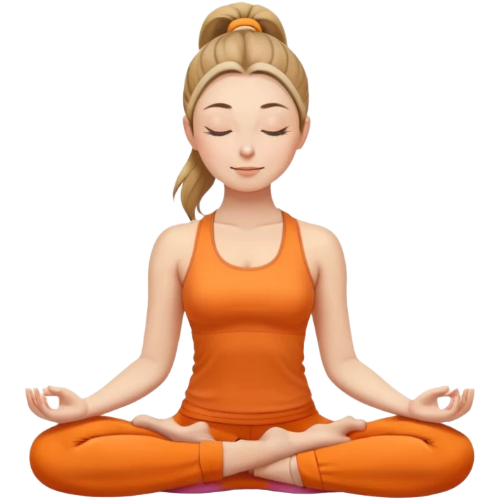 caucasian woman with ponytail in lotus position meditating, eyes closed with a slight smile, peaceful expression, orange yoga clothes emoji