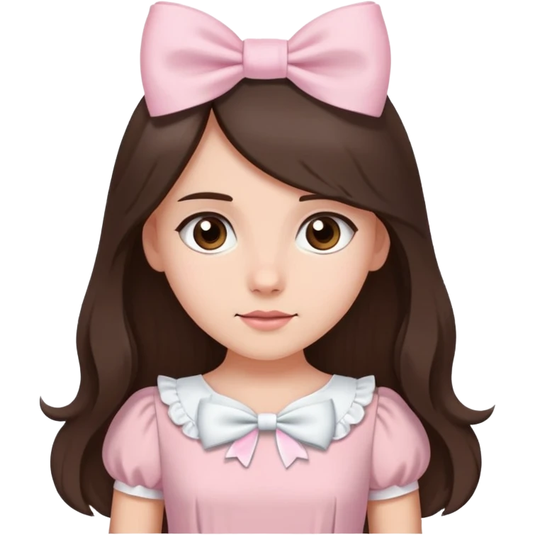 Brunette girl with brown eyes wearing light pink dress with a white bow on the side of her long hair emoji