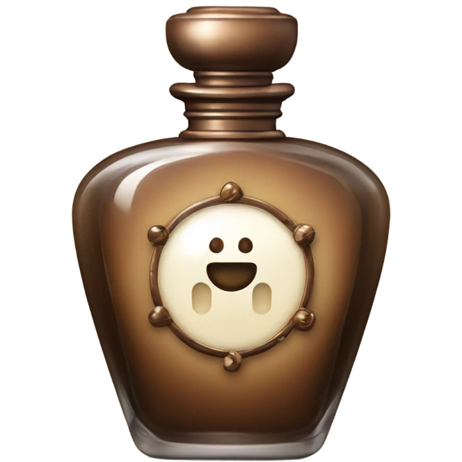 An antique perfume bottle with oil made of bronze and brown crystals, from which white cream and coffee milk flow emoji