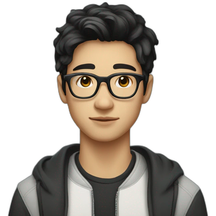 A beautiful student young man with black and medium hair and white skin, wearing round glasses and jacket emoji