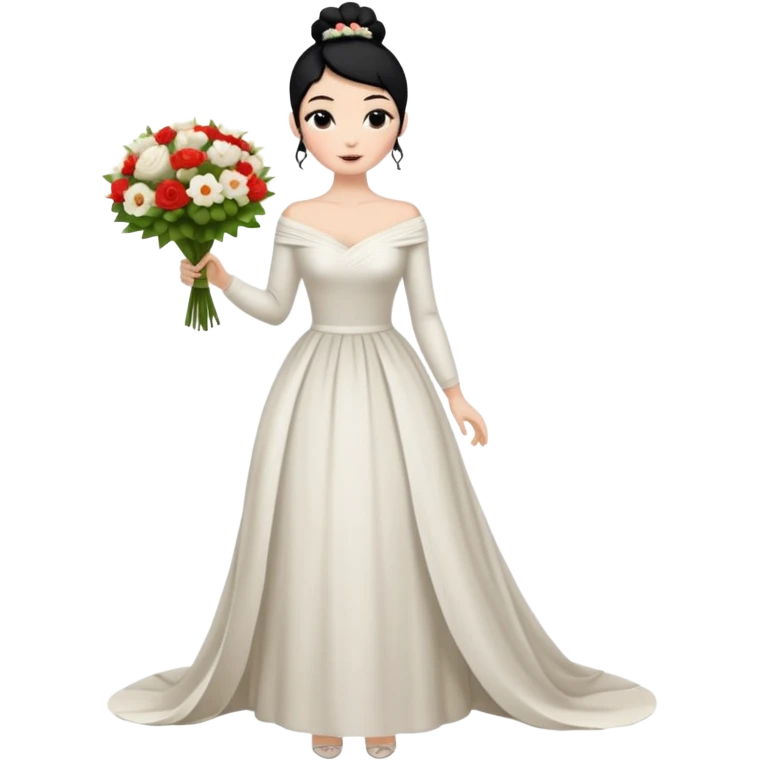 Chica blanca,cuerpo entero, vestido boda asimétrico sin vuelo ,manga larga ,de piel en cuello, pelo negro,    ramo de flores una mano, pelo recogido en moño alto emoji