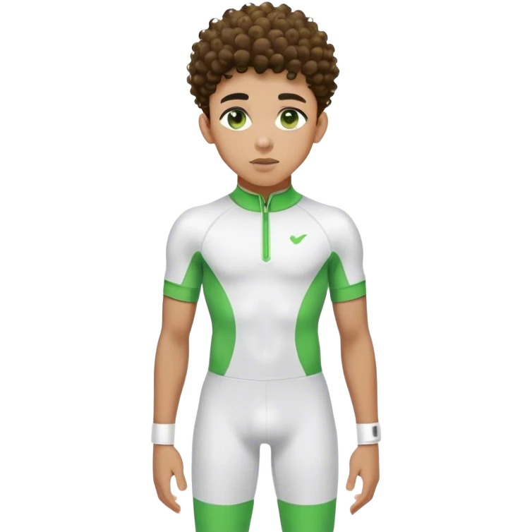 Jailen, a black teen boy with curly taper fade, full lips, thick eyebrows,golden brown skin tone, light green eyes, a fit 
body type, with a white and green compression suit with short sleeves, earbuds, with energy manipulation, 
 emoji