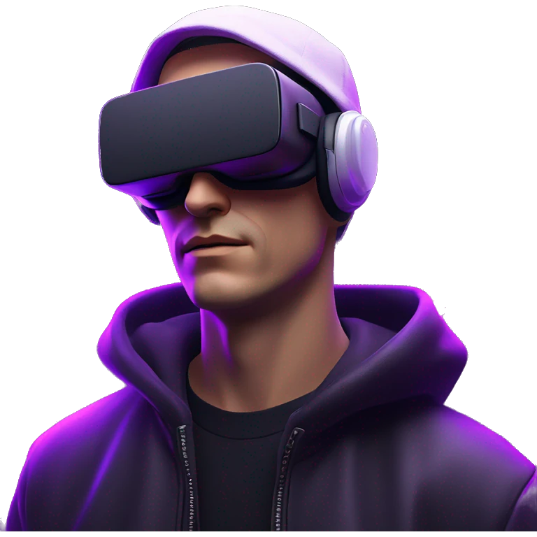 Russian man wearing a black hoodie with "OMG" letters on it and VR headset in a cyberpunk VR environment with violet neon lighting. emoji