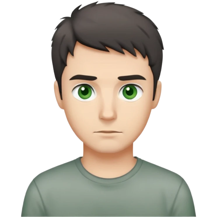 man with dark messy short hair, dark green eyes, wearing a gray t-shirt emoji