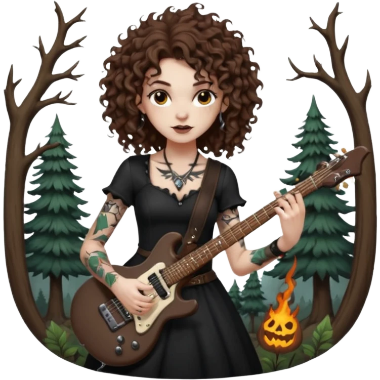 Brown eyes, brown hair curly forest witch playing electric guitar sexual with tattoos...white ethnicity  emoji