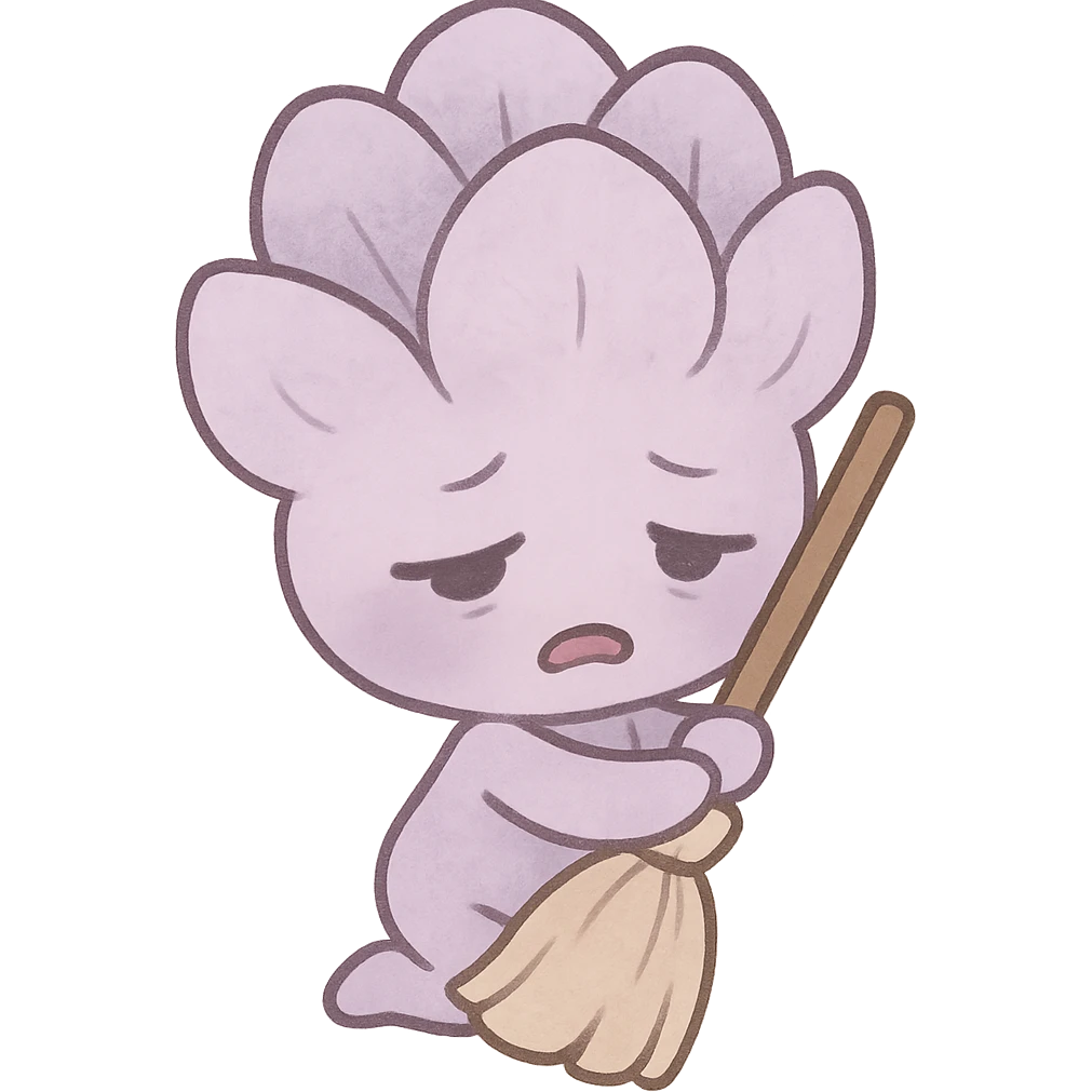 chibi style soft lavender flower in gentle purple, hugging a small broom, with an exhausted expression, full-body emoji
