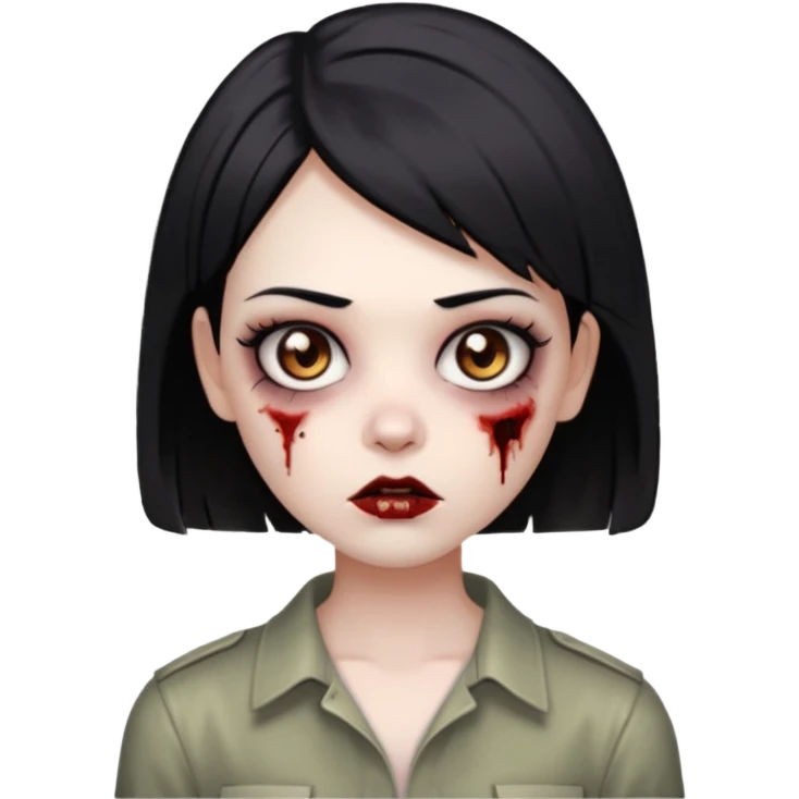 Faça uma zombie com olhos castanhos, cabelos pretos liso e curto e com estilo baddie emoji