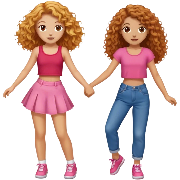Two friends dancing, one with honey color hair, long and curly hair, brown eyes red crop top and baggy jeans and the other friend with brown with honey eyes and with a pink top and white skirt emoji