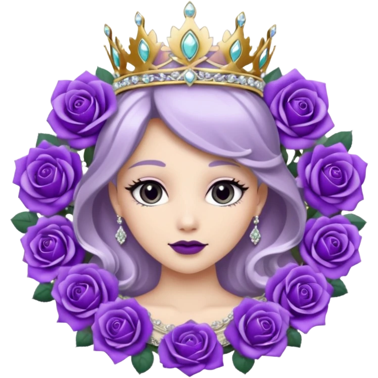 Purple rose flower, silver circle plaque with silver tiara emoji
