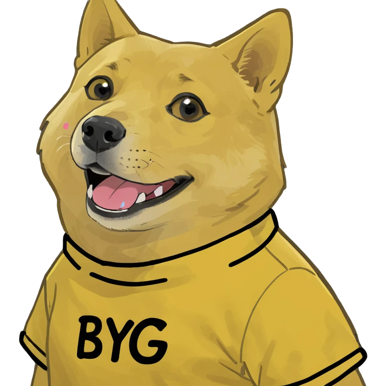 yellow Doge meme character holding 'ByteNova' text, playful and meme-inspired style emoji