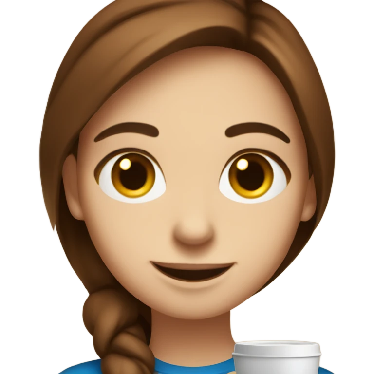 Smiling girl with coffee cup. Instagram coach. Brown hair  emoji