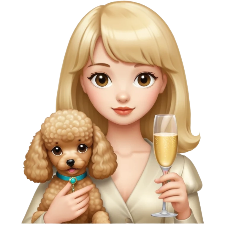 A girl with bangs holding a champagne-colored poodle emoji