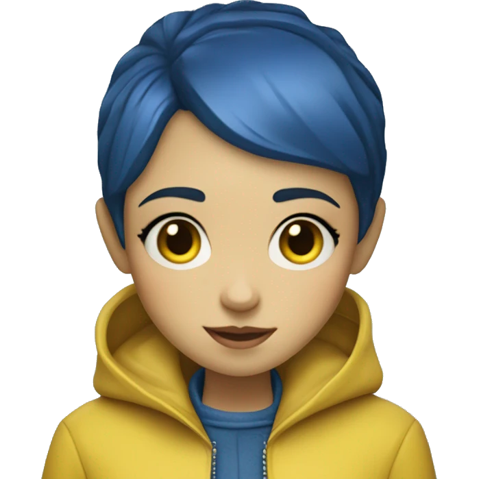 Coraline Jones girl in yellow raincoat short blue hair with freckles emoji