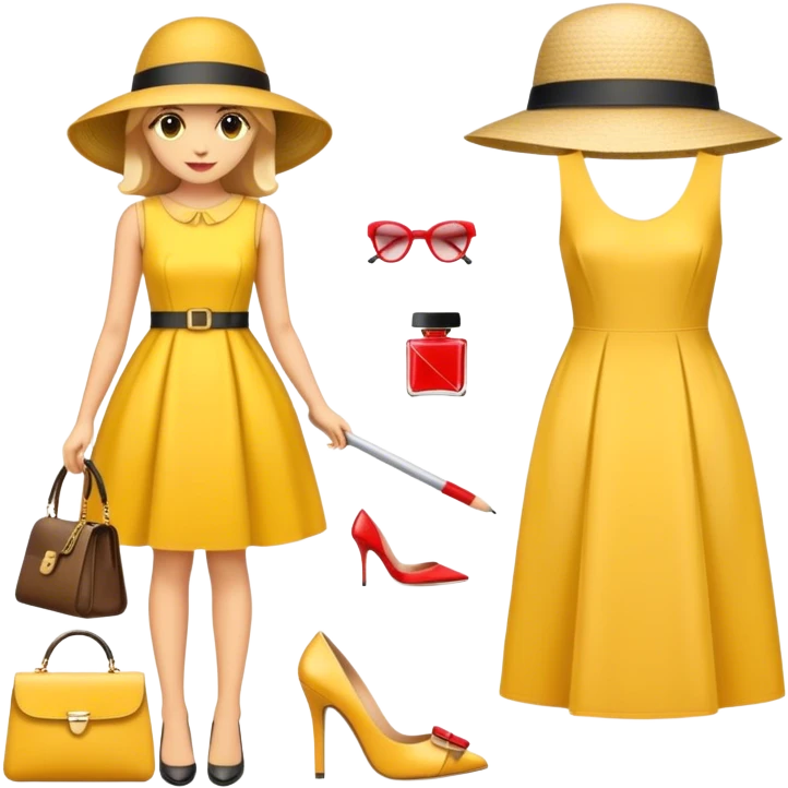 Icon for Fashion Design: a clothing scheme, a measuring tape and a pencil, a stylish hat, a bright dress, shoes and a handbag with measurements. The emoji should represent the creative and precise process of fashion design. Transparent background. emoji