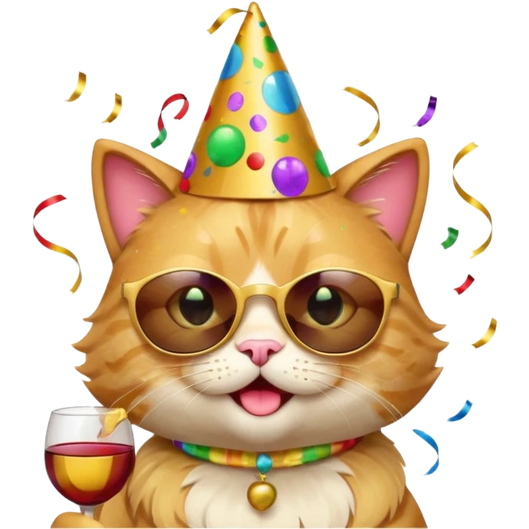 winking happy cat with a huge gold birthday hat, black sunglasses, and a wine glass, surrounded by confetti and streamers, apple emoji style emoji