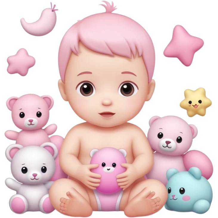cute baby playing with pastel pink toys and plushies emoji