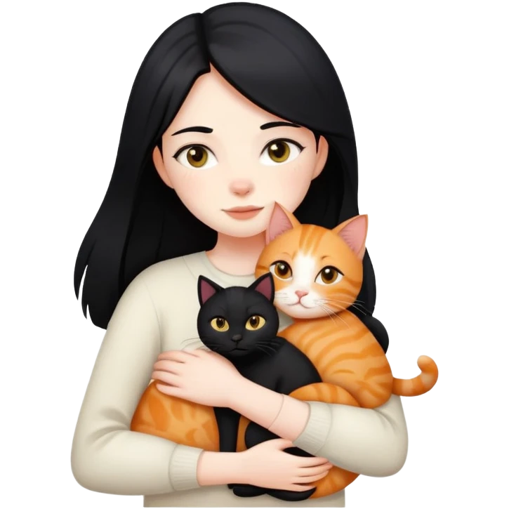 A black-haired girl hugs a ginger cat and A black cat emoji