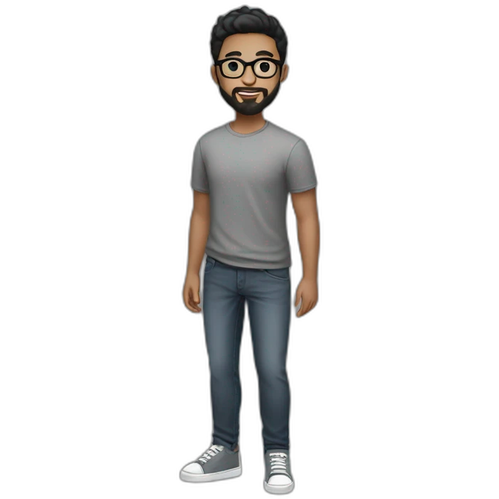 Full-body young man with short black hair and beard and black glasses wearing a gray shirt and dark jeans and sneakers emoji