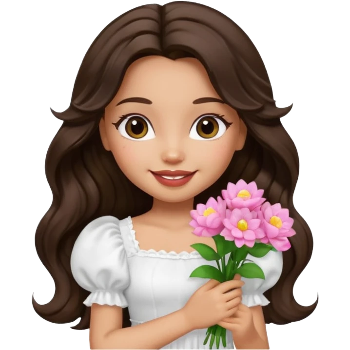 generate a pretty bratz girl with in a white puff sleeve top.  light lipgloss on . dark Brown wavy hair long. carrying flowers  emoji