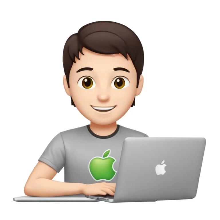 apple-style emoji of a cheerful young male coder, dark brown hair, hazel eyes, dimple, smiling and winking, tech t-shirt, working on a MacBook with Apple logo, light gray background emoji