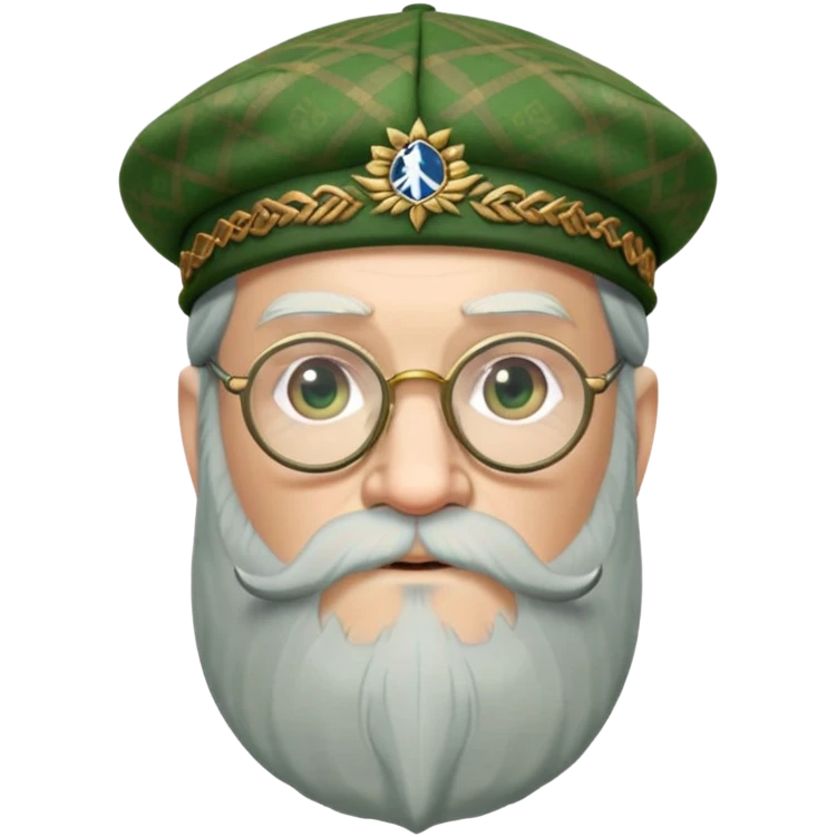 Dumbledore wear green scotland Tam o'shanter cap with decorative patterns, wear glasses, very long beard emoji