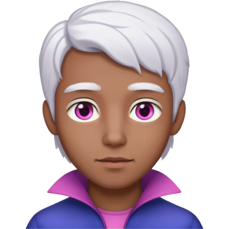 Um homem jovem sem barba, de pele parda, com cabelos médios e brancos como neve, e olhos de iris rosa pink  emoji