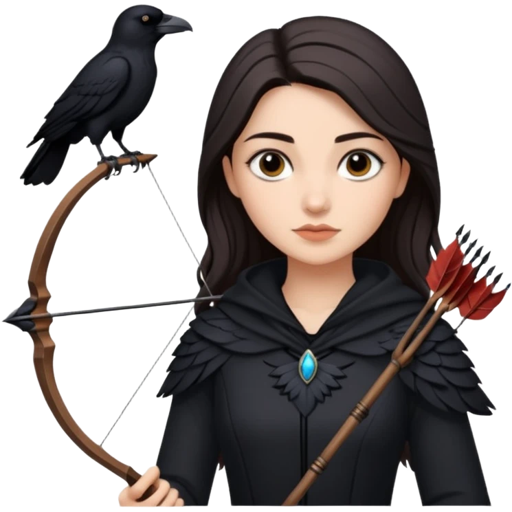 Alysanne Blackwood from Game of Thrones. She is known as black aly and is the Wife of Cregan Stark. I have her looking like Hande Erçel. Show her with a raven and a bow and arrow emoji