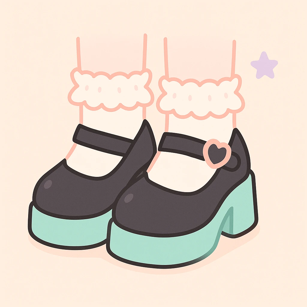 Add cute frilly pastel socks to the BLACKPINK-inspired gothic shoes with pastel peach accents, keep them kawaii style, no hearts. emoji