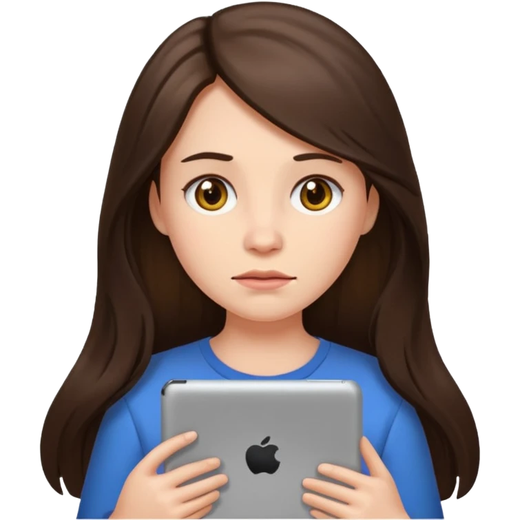 bored brunette  with long hair holding iPad emoji emoji