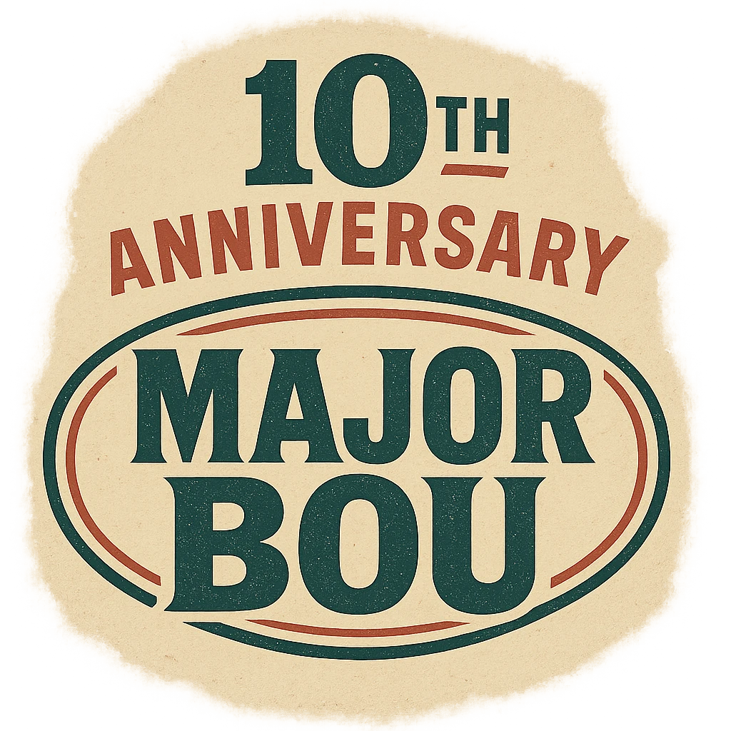 Retro-style 10th anniversary logo for Major Bou with bold typography and vintage colors emoji