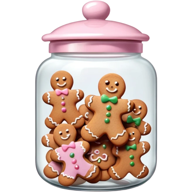 Realistic glass cookie jar with light pink lid full of gingerbread cookies isolated.  emoji