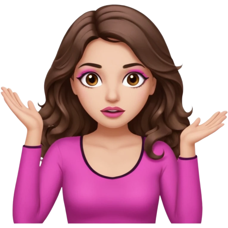girl with long wavy brown hair, brown eyes, long lashes makeup, sexy pink lips, light to medium complexion, pink sexy top, two hands up, shrugging, confused emoji