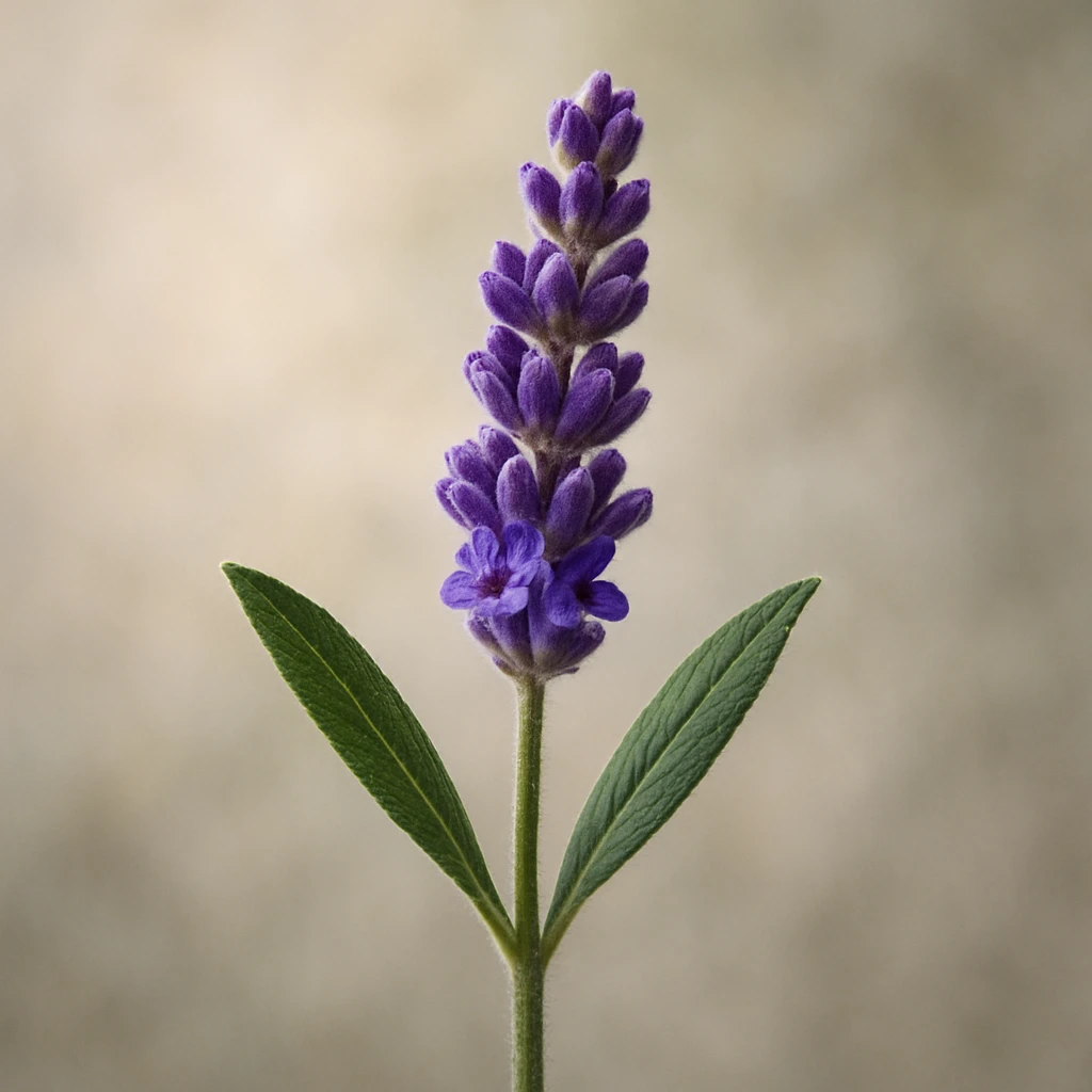 Make the lavender sprig highly realistic, with intricate details, natural textures, and a soft, subtle background. Emphasize lifelike color and shading in a photorealistic style. emoji