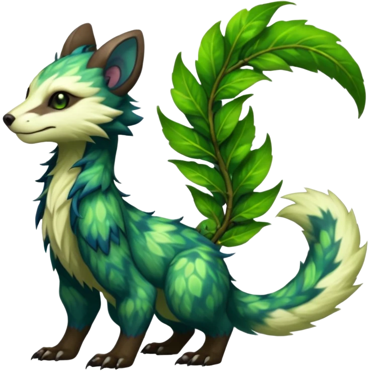 Sharp realistic mossy grassy elemental ivy floral detailed Colorful translucent luminescent glowing Trico-Sergal-Furret-Ferret-Wolverine-Vernid-furry-fursona-fusion-Fakemon-animal-hybrid-creature, full body emoji