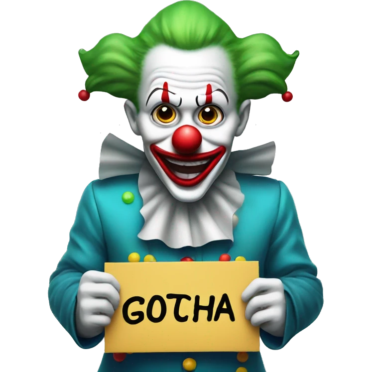Clown holding a sign stating, "gotcha" emoji