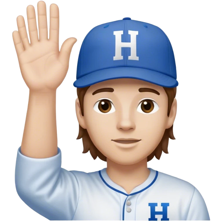 White Man with mid-length brown hair wearing blue baseball hat with the letter H on it. Hand waving. He is wearing a white oxford shirt.  emoji