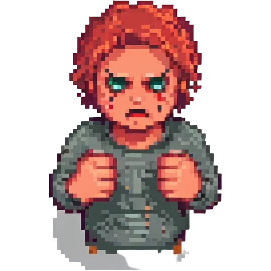 a person looking annoyed and frustrated, pixel art style, clenched fists, red face emoji