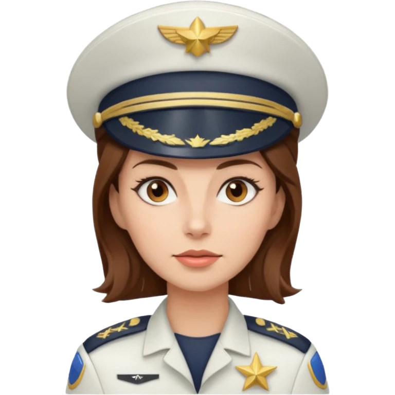 woman with brown hair and brown eyes.  space ship captain with white military hat emoji