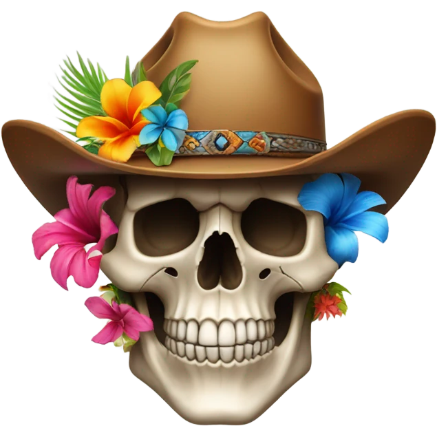 Realistic skull with a cowboy hat on decorated with tropical flowers. emoji