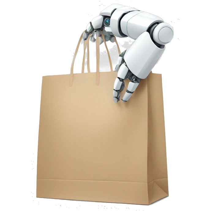 white robot arm with shopping bag emoji
