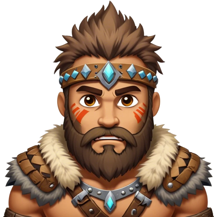 Clash of Clans style: Cinematic Rugged Barbarian Portrait Emoji, Intense and formidable with a stylized build, a rugged beard and expressive eyes, adorned in playful, battle-worn furs and cartoonish armor with tribal markings, Simplified yet powerfully detailed features, highly detailed, glowing with a deep, adventurous energy, high shine, spirited and determined, stylized with an air of raw, untamed power, soft glowing outline, capturing the essence of a barbarian warrior ready to lead epic quests! emoji