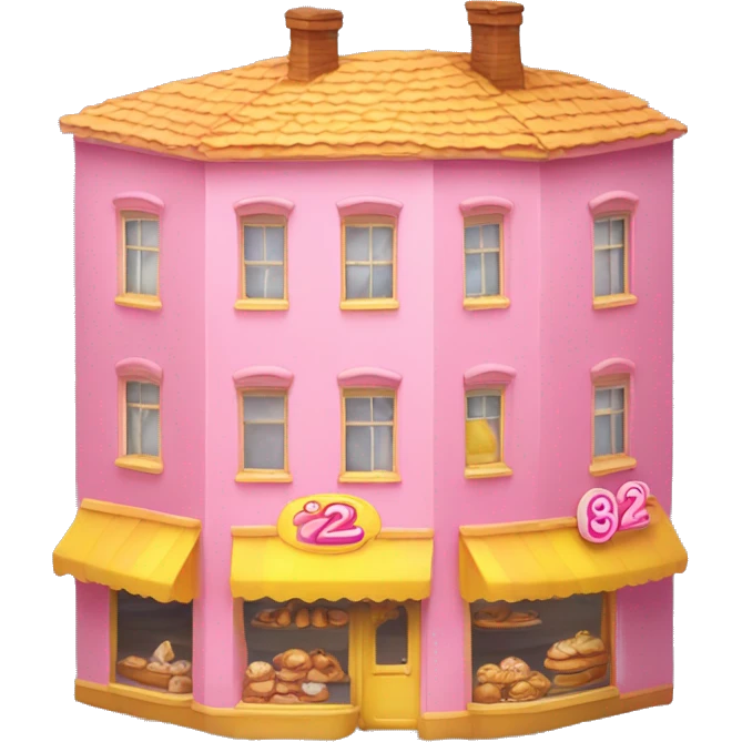 a three-floor bakery with huge house number 22 on the facet, pink and yellow only on the facet emoji