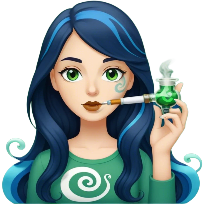 White Girl with brown eyes dark black/blue long hair. She is Smoking out of a green and white and blue swirl designed bong smoke above her. emoji