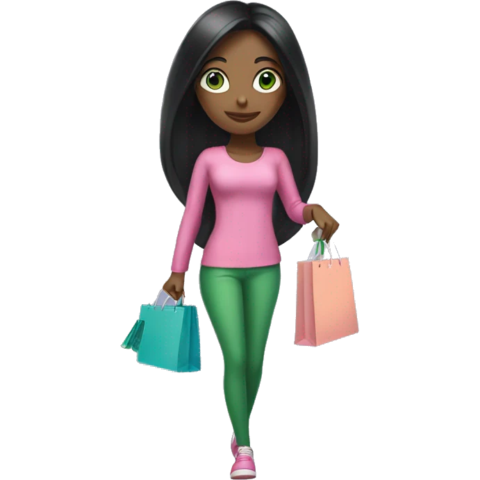 girl with very long black hair and green eyes and pink outfit holding credit card and shopping bags emoji