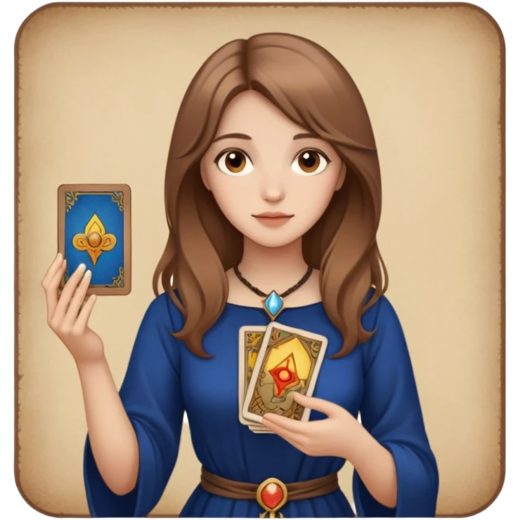 girl with light brown hair and brown eyes with tarot cards in her hands emoji