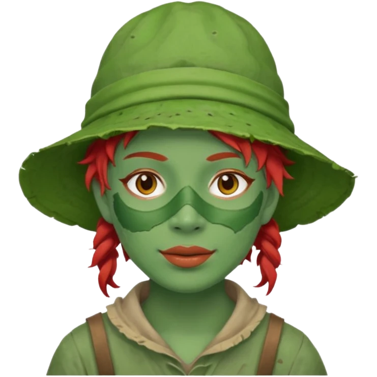 messy green full face green clay mask and tourist hat red hair  emoji